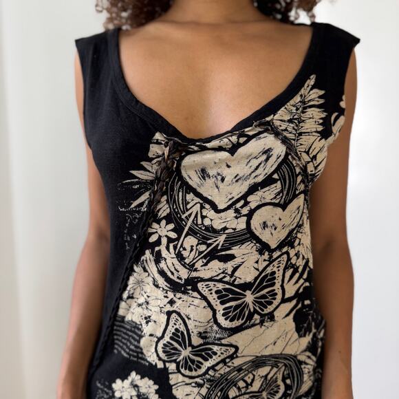 Vintage Desigual black + cream graphic asymmetrical tank (Large) - Picture 5 of 11